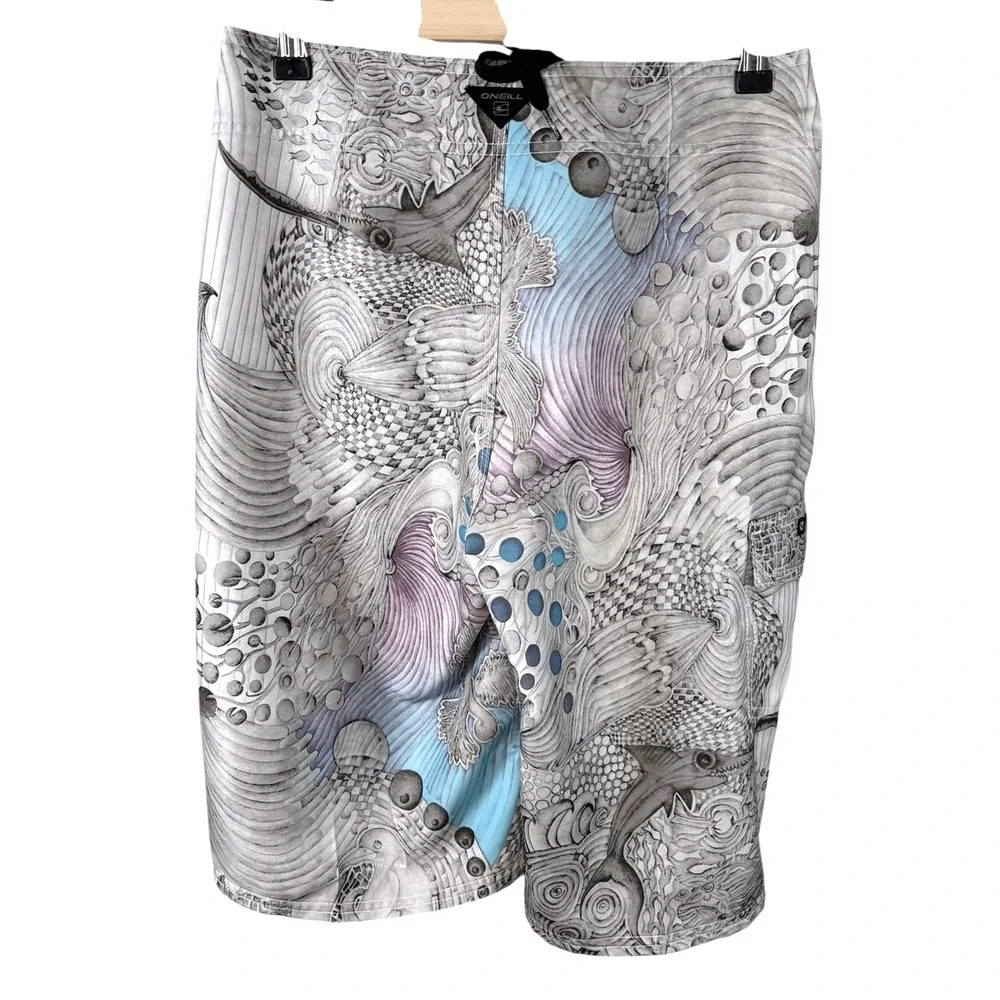 ONeill Mens Board Shorts Size‎ 28 Psychedelic Sea Life Abstract Print Blue Grey